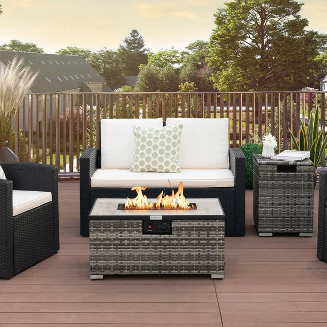 32 x 20 Inch Propane Rattan Fire Pit Table Set with Side Table Tank and Cover-Gray - Gray - Outdoor Heating