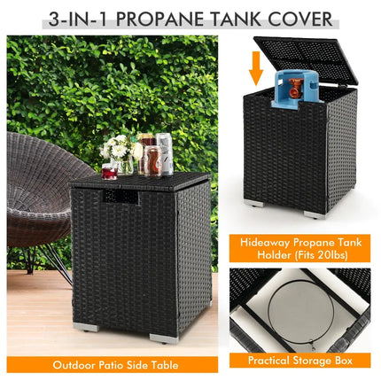 32 x 20 Inch Propane Rattan Fire Pit Table Set with Side Table Tank and Cover-Black - Black - Outdoor Heating