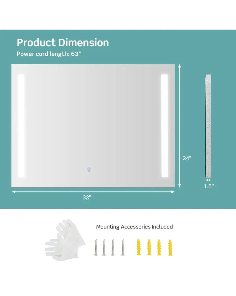 32 x 24 Inch Quadrate Wall Mirror with 3-Color Lights and Anti-Fog Function - Transparent - Wall Mirrors