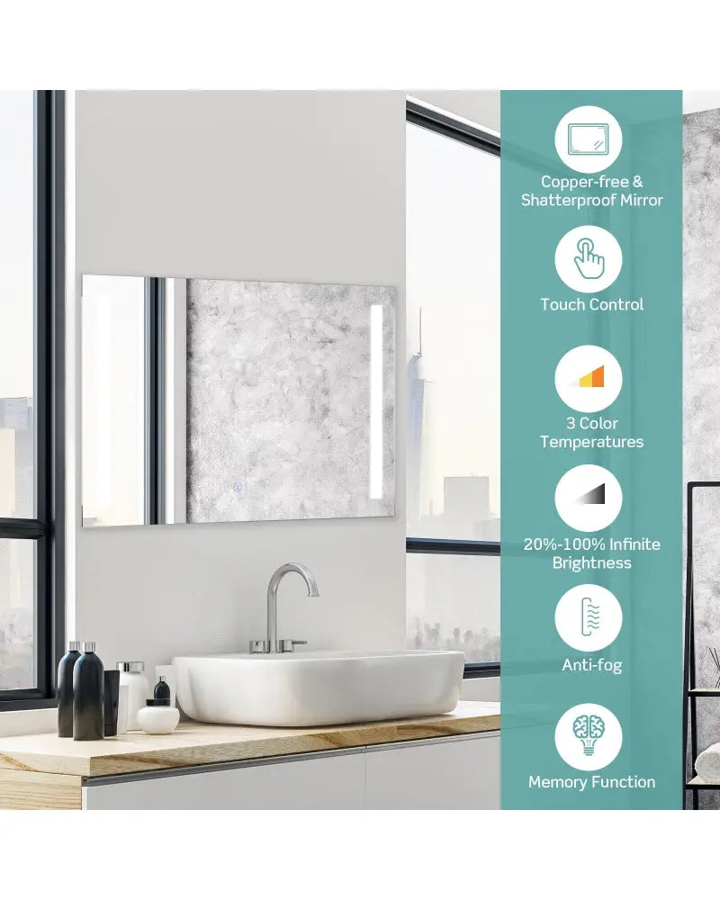 32 x 24 Inch Quadrate Wall Mirror with 3-Color Lights and Anti-Fog Function - Transparent - Wall Mirrors