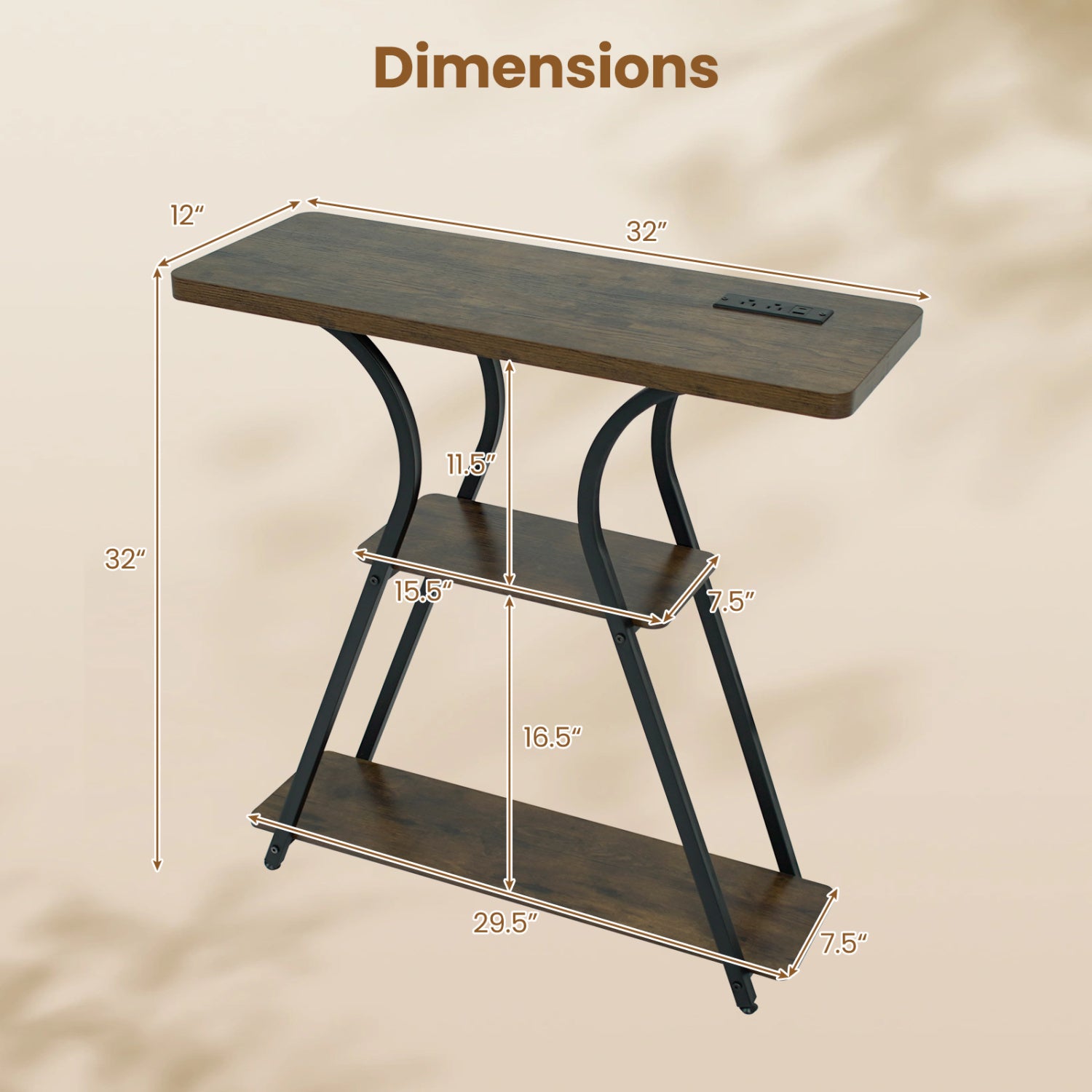 32 Inch Narrow Long Entryway Table with Power Outlets and LED Lights-Brown