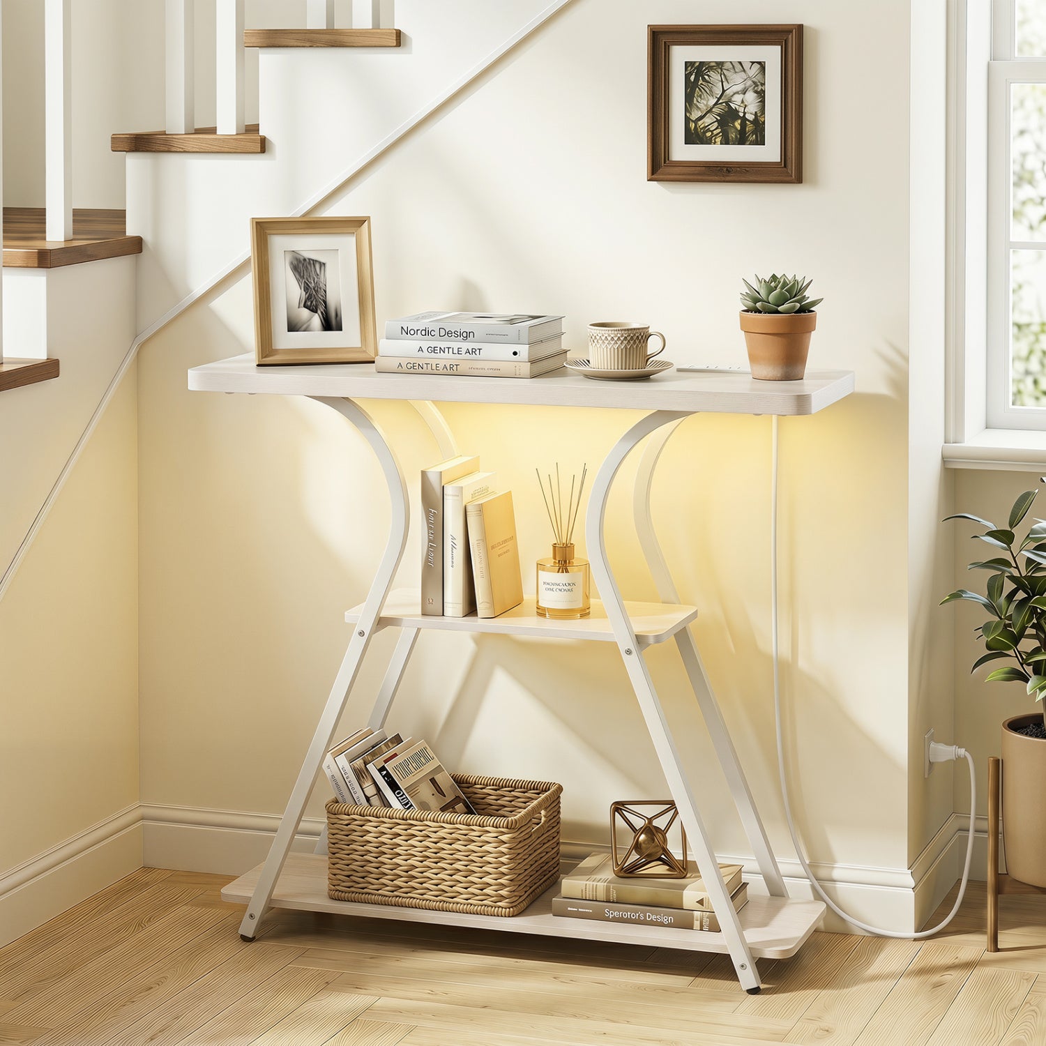32 Inch Narrow Long Entryway Table with Power Outlets and LED Lights-Oak