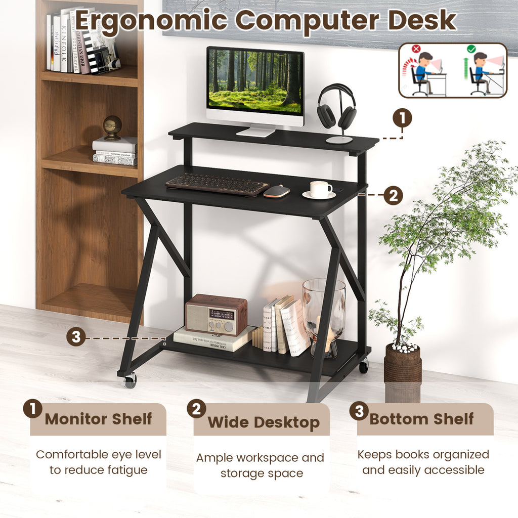 32 Inch Rolling Computer Desk for Small Spaces with Power Outlets-Black