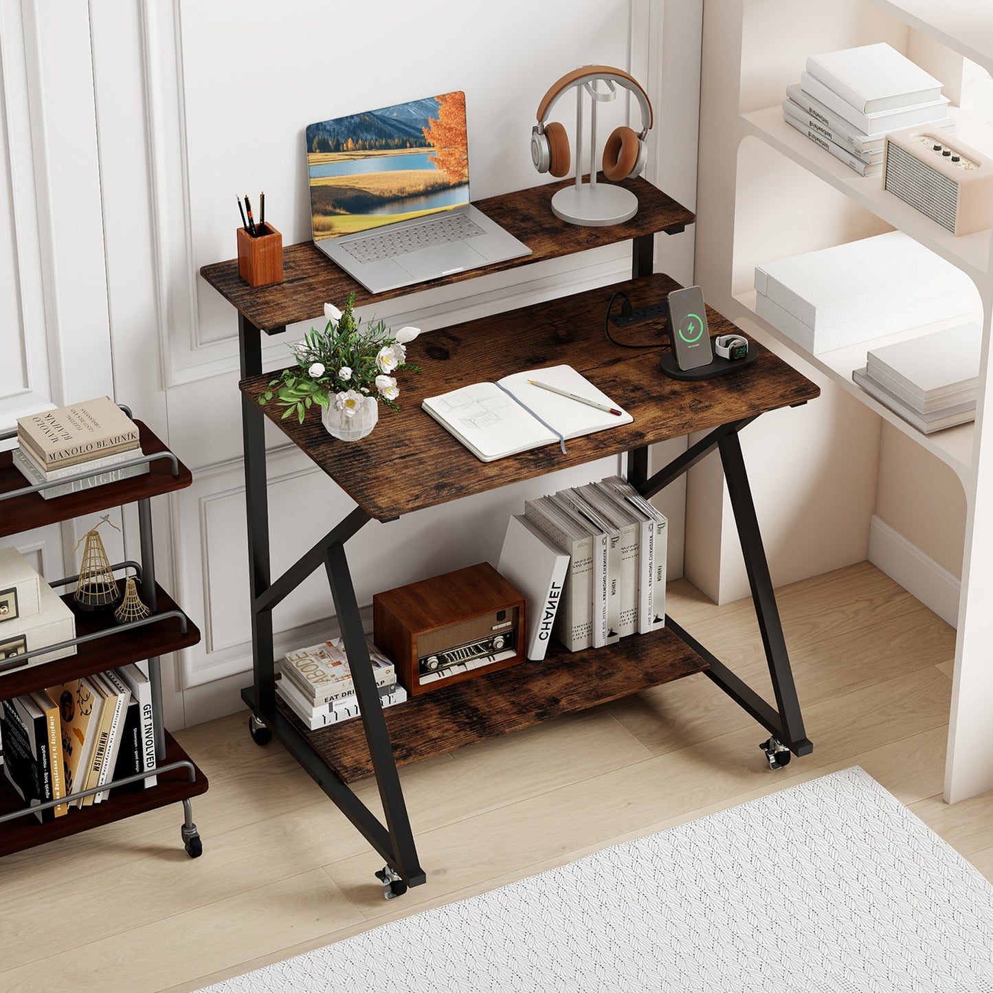 32 Inch Rolling Computer Desk for Small Spaces with Power Outlets-Rustic Brown