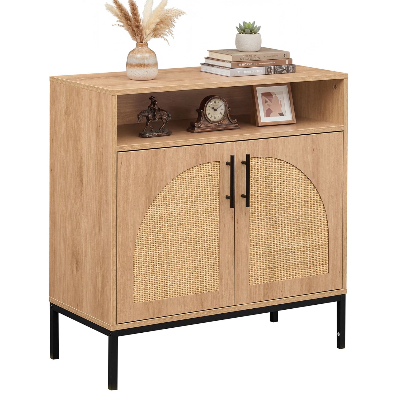 32" Sideboard Buffet Cabinet with 2 Natural Rattan Decorated Doors and Adjustable Shelf-Natural