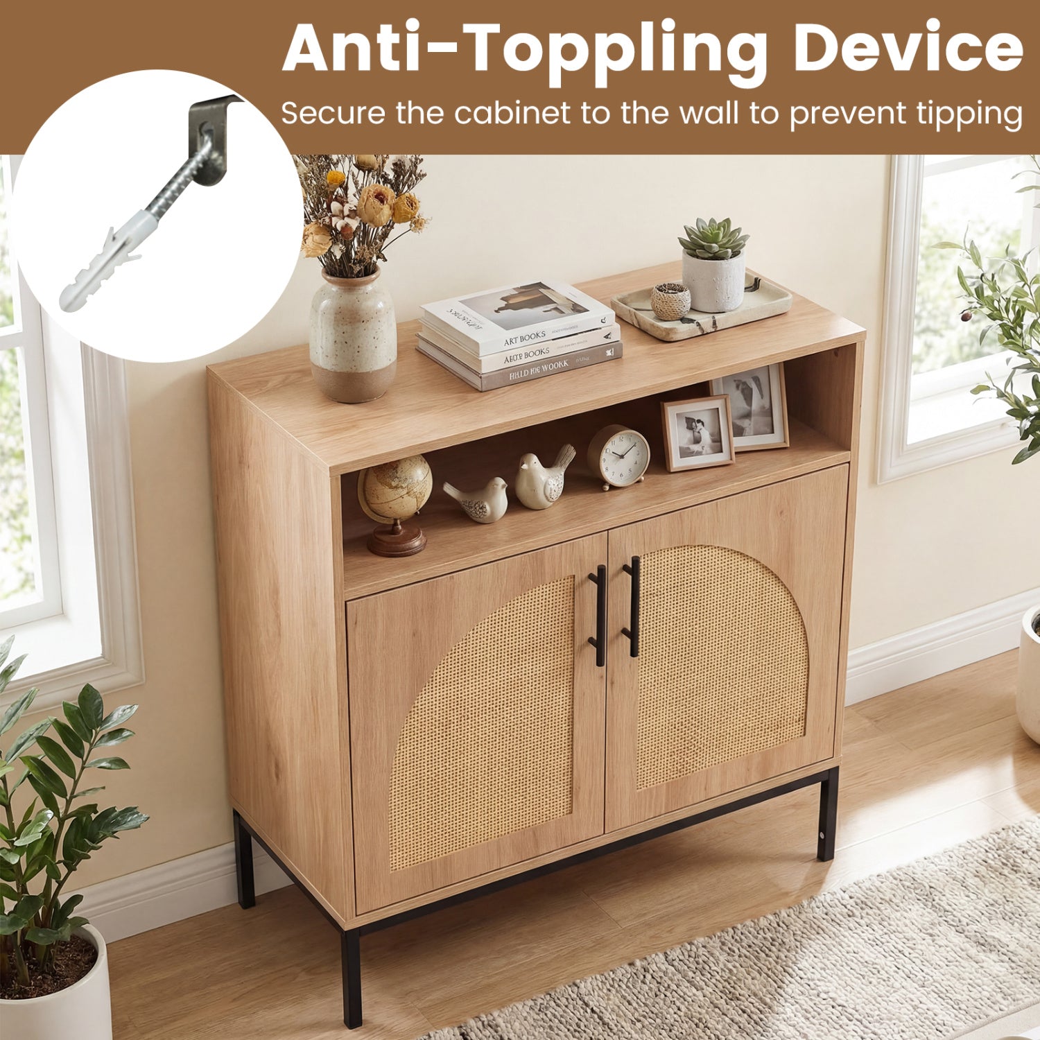 32" Sideboard Buffet Cabinet with 2 Natural Rattan Decorated Doors and Adjustable Shelf-Natural