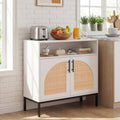 32" Sideboard Buffet Cabinet with 2 Natural Rattan Decorated Doors and Adjustable Shelf-White
