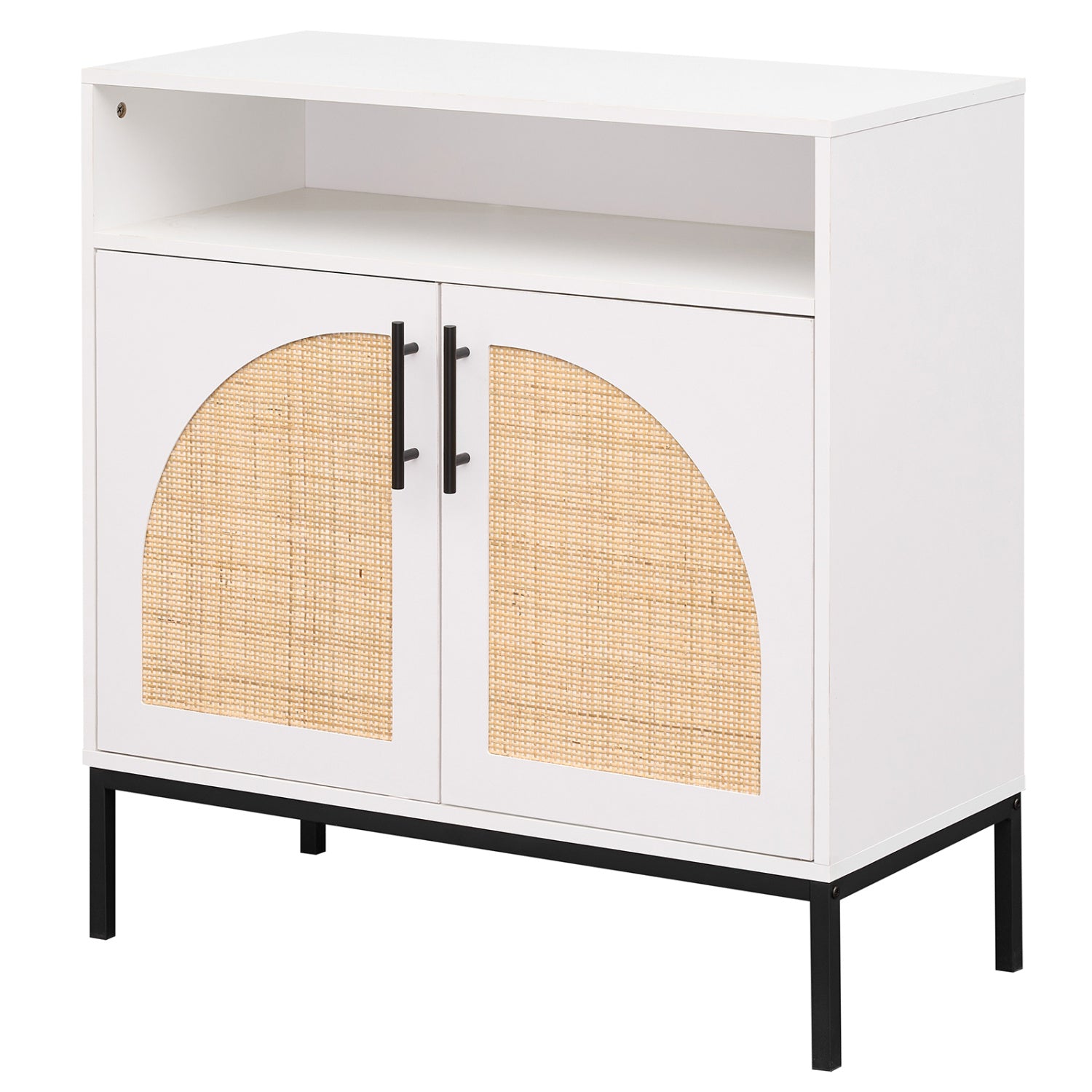 32" Sideboard Buffet Cabinet with 2 Natural Rattan Decorated Doors and Adjustable Shelf-White