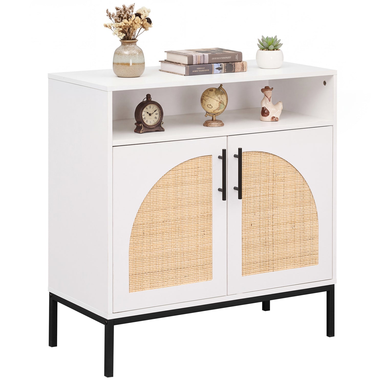 32" Sideboard Buffet Cabinet with 2 Natural Rattan Decorated Doors and Adjustable Shelf-White