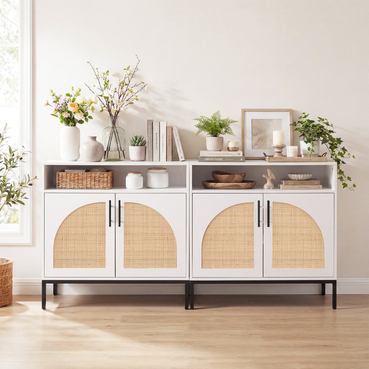 32" Sideboard Buffet Cabinet with 2 Natural Rattan Decorated Doors and Adjustable Shelf-White