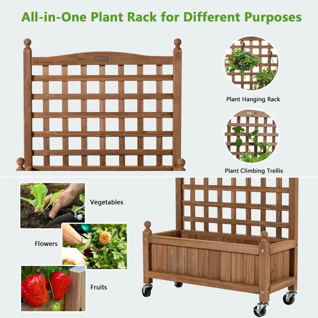 32in Wood Planter Box with Trellis Mobile Raised Bed for Climbing Plant - Brown - Raised Garden Beds