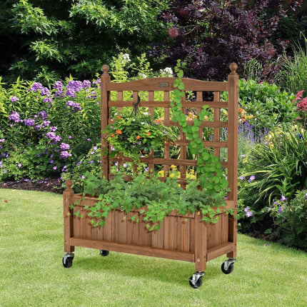 32in Wood Planter Box with Trellis Mobile Raised Bed for Climbing Plant - Brown - Raised Garden Beds