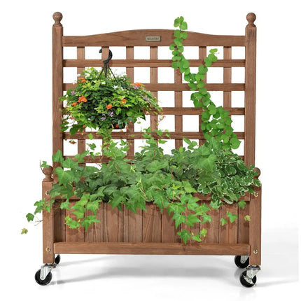 32in Wood Planter Box with Trellis Mobile Raised Bed for Climbing Plant - Brown - Raised Garden Beds