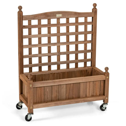 32in Wood Planter Box with Trellis Mobile Raised Bed for Climbing Plant - Brown - Raised Garden Beds