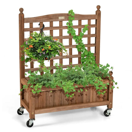 32in Wood Planter Box with Trellis Mobile Raised Bed for Climbing Plant - Brown - Raised Garden Beds