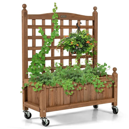 32in Wood Planter Box with Trellis Mobile Raised Bed for Climbing Plant - Brown - Raised Garden Beds