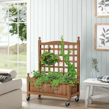 32in Wood Planter Box with Trellis Mobile Raised Bed for Climbing Plant - Brown - Raised Garden Beds