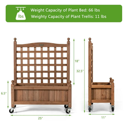 32in Wood Planter Box with Trellis Mobile Raised Bed for Climbing Plant - Brown - Raised Garden Beds