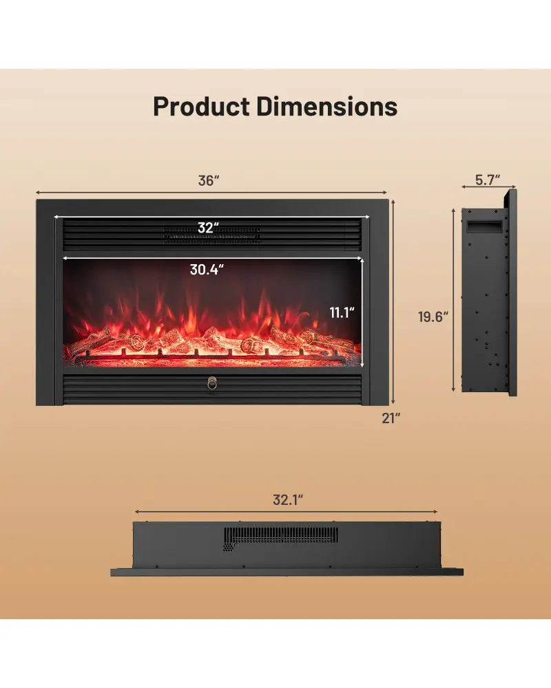 33/36-Inch Electric Fireplace Insert 750W/1500W Recessed Fireplace Heater-1500W - Black - Fireplaces