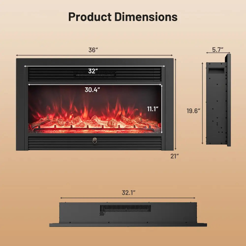 33/36-Inch Electric Fireplace Insert 750W/1500W Recessed Fireplace Heater-1500W - Black - Fireplaces