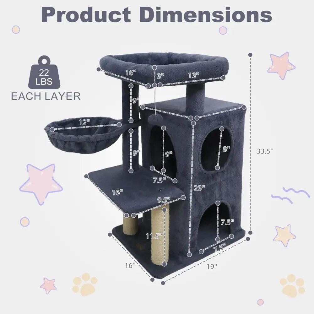 33.5 Inch Cute Kitten Tower with 2-Tier Condo and Padded Top Perch-Dark Gray - Dark Gray - Cat Trees Condos & Scratchers