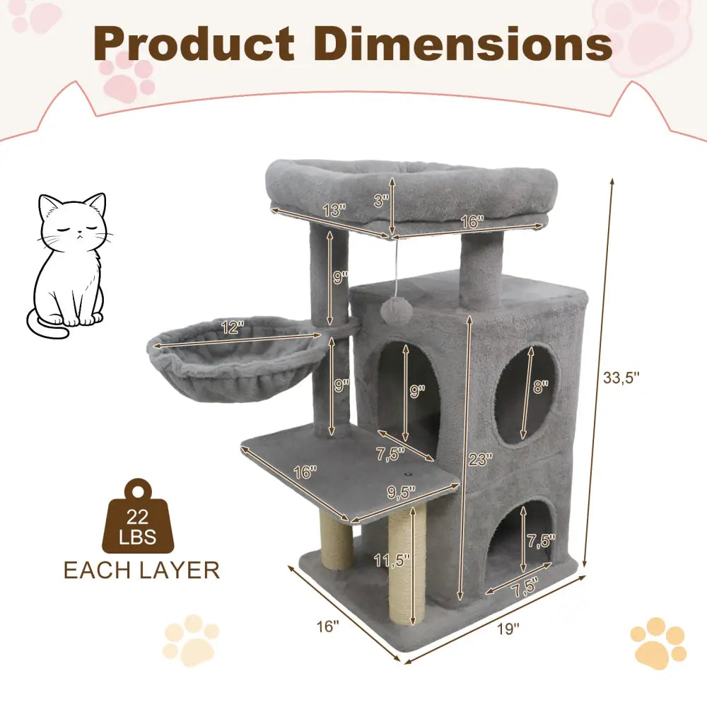 33.5 Inch Cute Kitten Tower with 2-Tier Condo and Padded Top Perch-Light Gray - Light Gray - Cat Trees Condos &