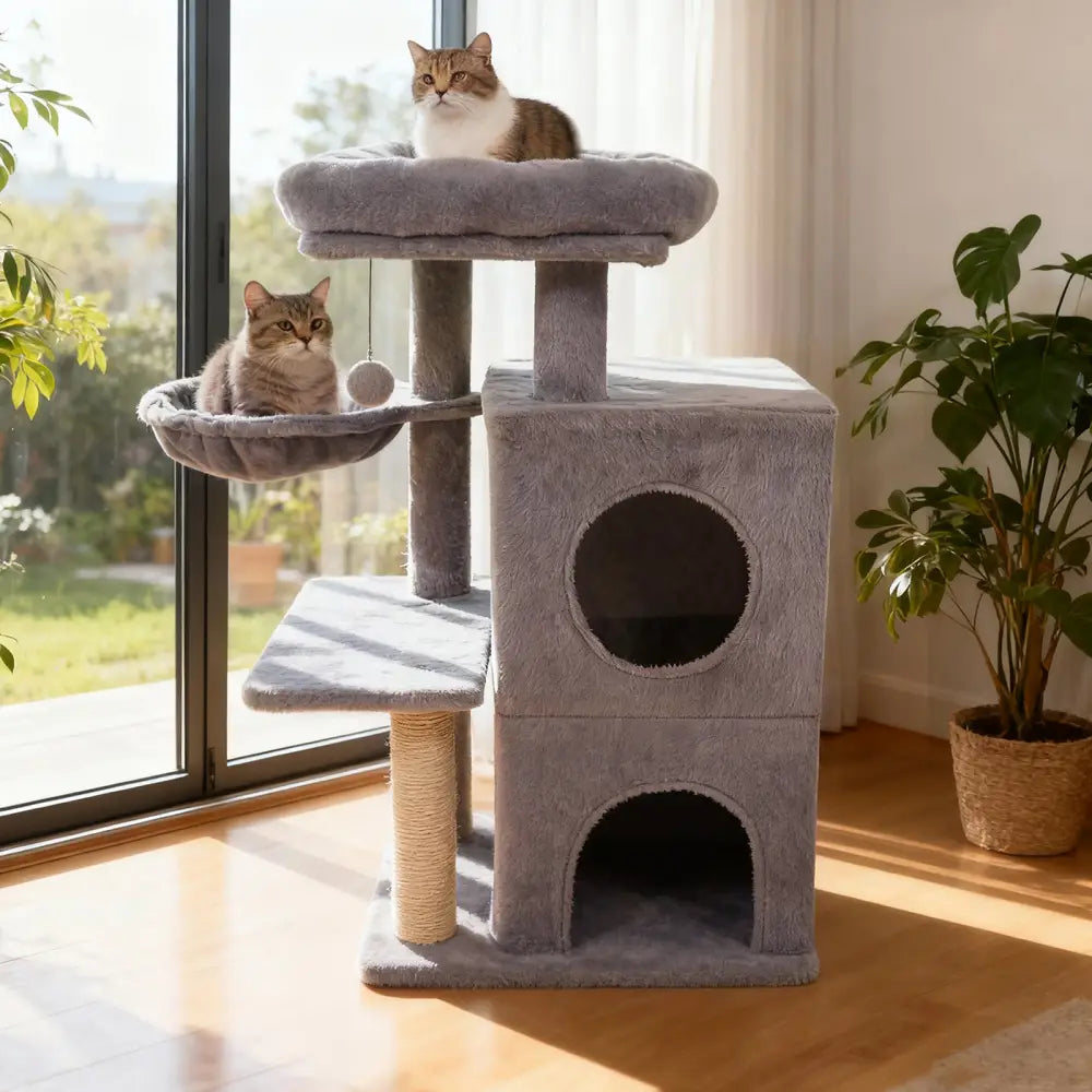 33.5 Inch Cute Kitten Tower with 2-Tier Condo and Padded Top Perch-Light Gray - Light Gray - Cat Trees Condos &