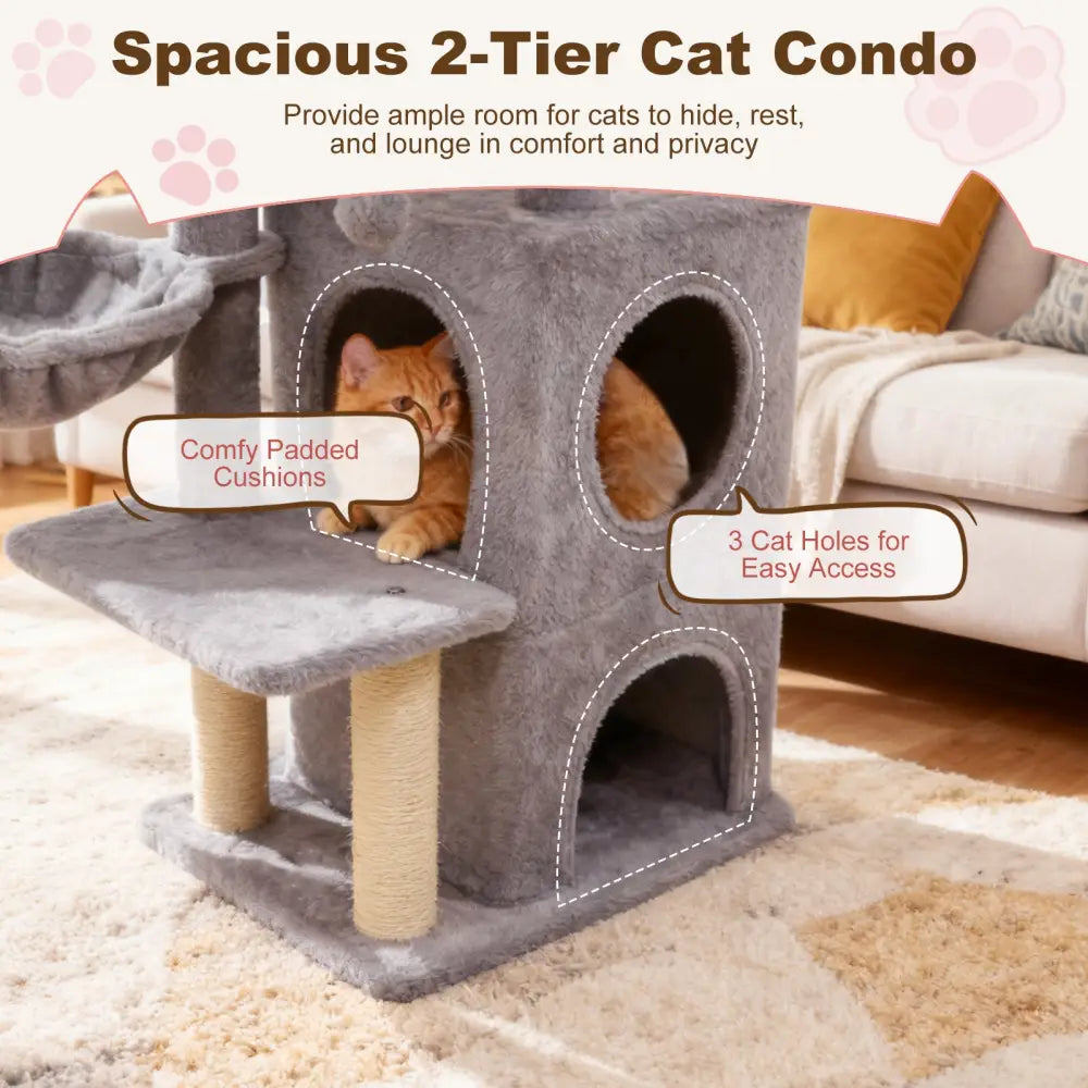 33.5 Inch Cute Kitten Tower with 2-Tier Condo and Padded Top Perch-Light Gray - Light Gray - Cat Trees Condos &