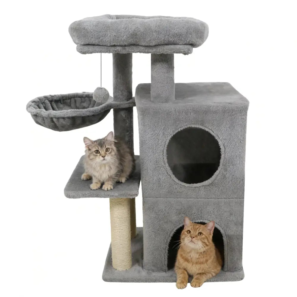 33.5 Inch Cute Kitten Tower with 2-Tier Condo and Padded Top Perch-Light Gray - Light Gray - Cat Trees Condos &