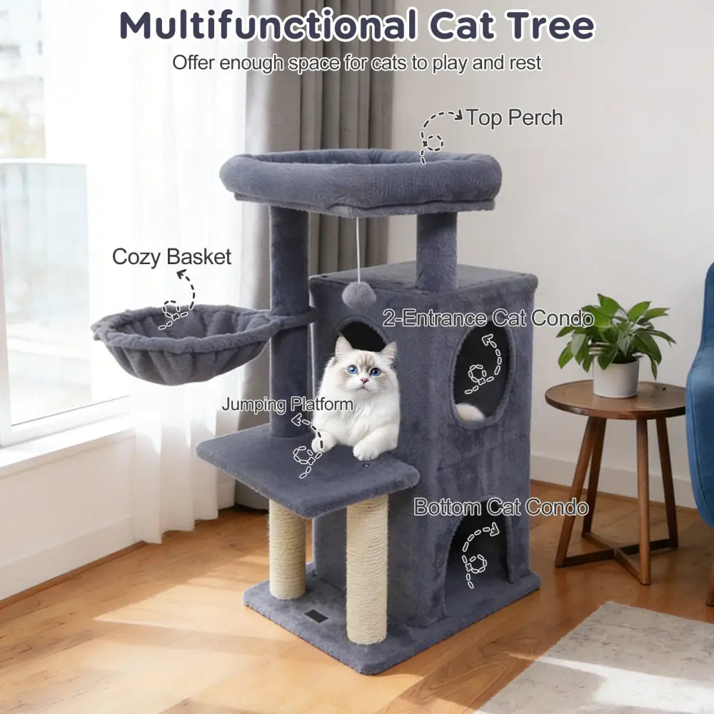 33.5 Inch Cute Kitten Tower with 2-Tier Condo and Padded Top Perch-Dark Gray - Dark Gray - Cat Trees Condos & Scratchers