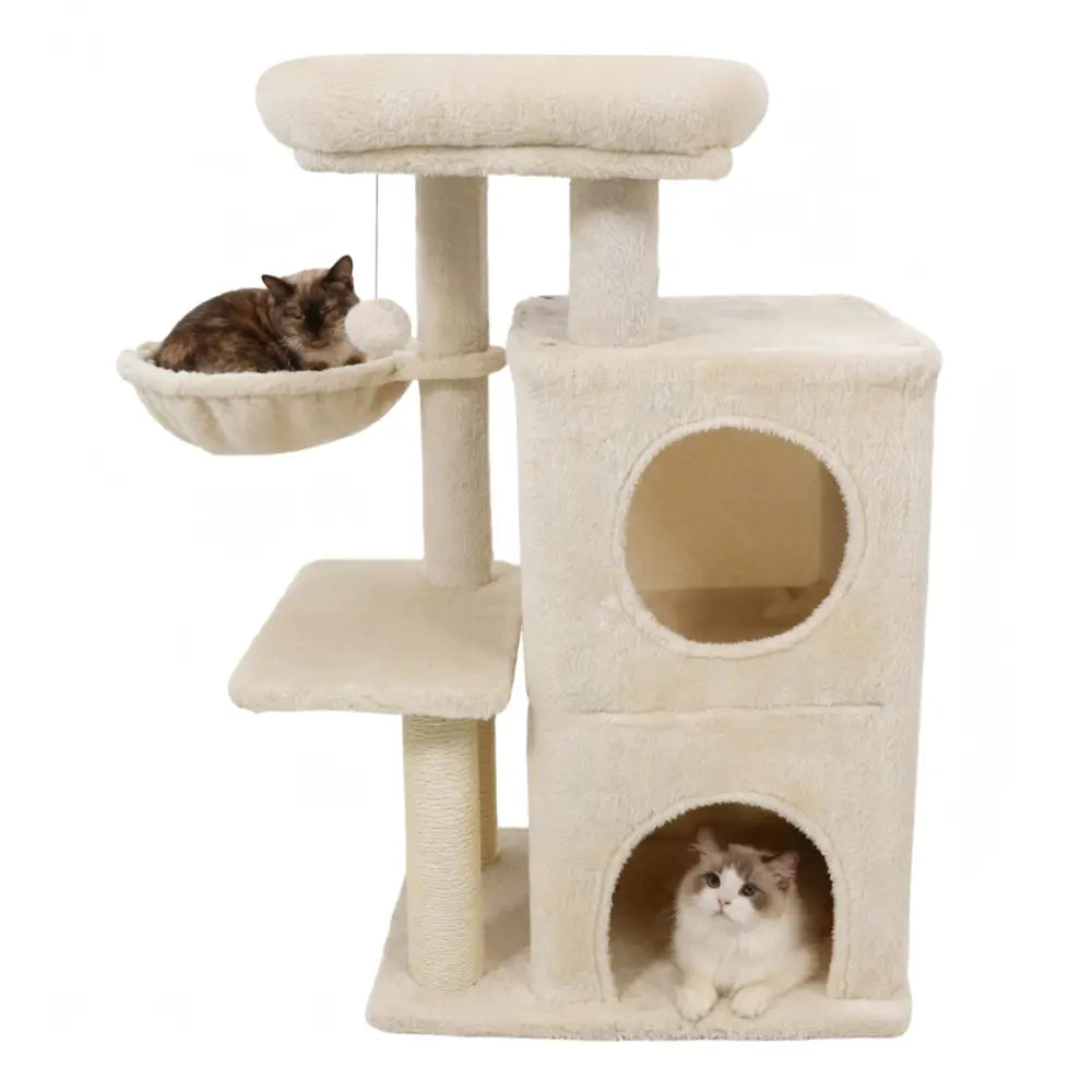 33.5 Inch Cute Kitten Tower with 2-Tier Condo and Padded Top Perch-Beige - Beige - Cat Trees Condos & Scratchers