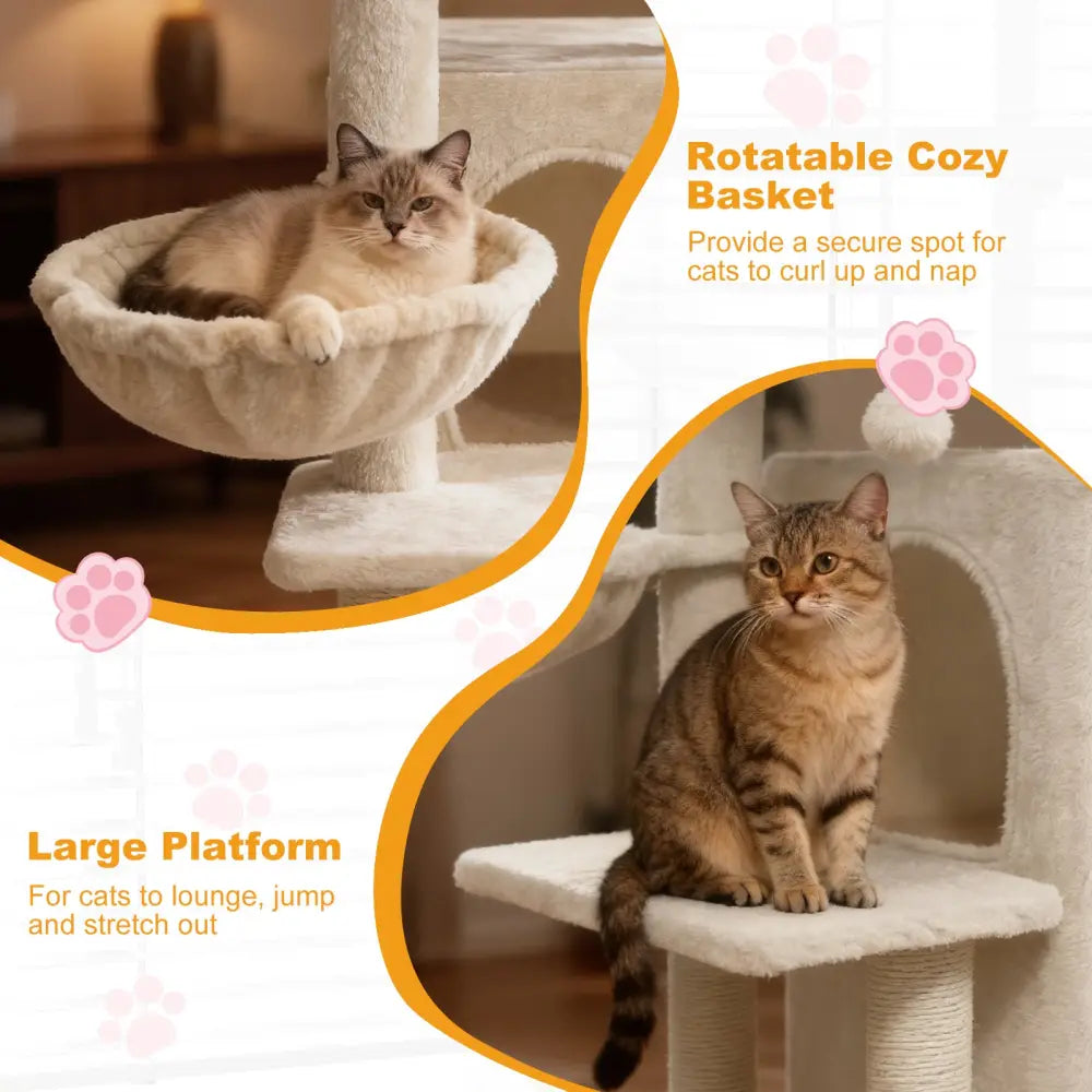 33.5 Inch Cute Kitten Tower with 2-Tier Condo and Padded Top Perch-Beige - Beige - Cat Trees Condos & Scratchers