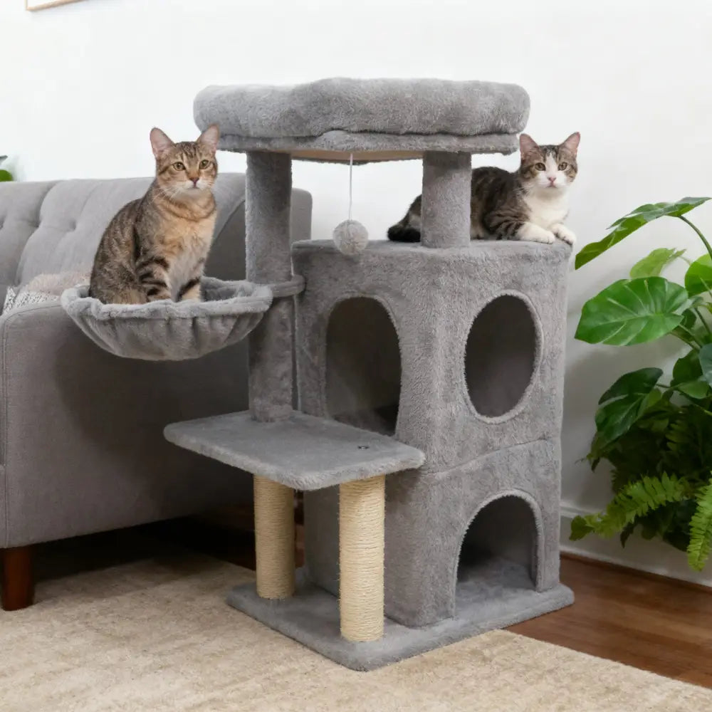 33.5 Inch Cute Kitten Tower with 2-Tier Condo and Padded Top Perch-Light Gray - Light Gray - Cat Trees Condos &