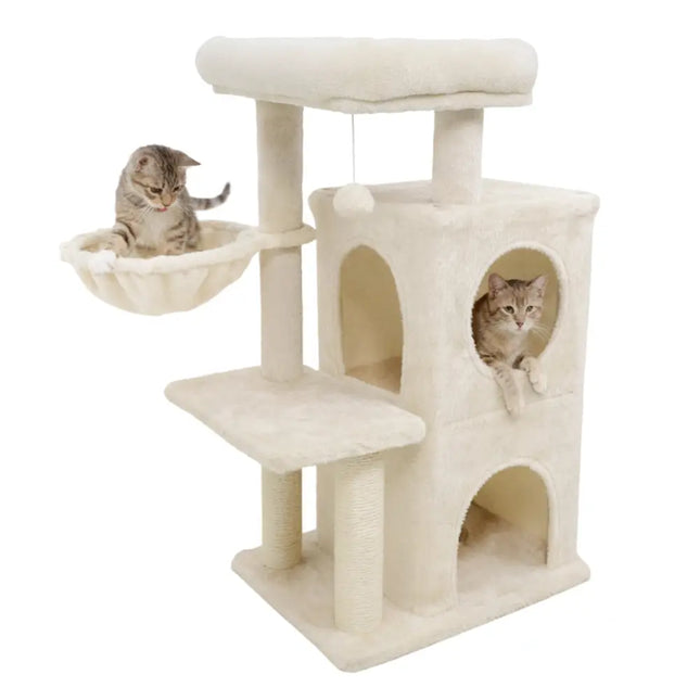 33.5 Inch Cute Kitten Tower with 2 - Tier Condo and Padded Top Perch - Beige - Oasis Home Essentials