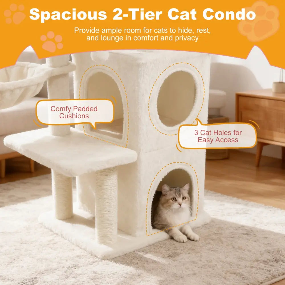 33.5 Inch Cute Kitten Tower with 2-Tier Condo and Padded Top Perch-Beige - Beige - Cat Trees Condos & Scratchers