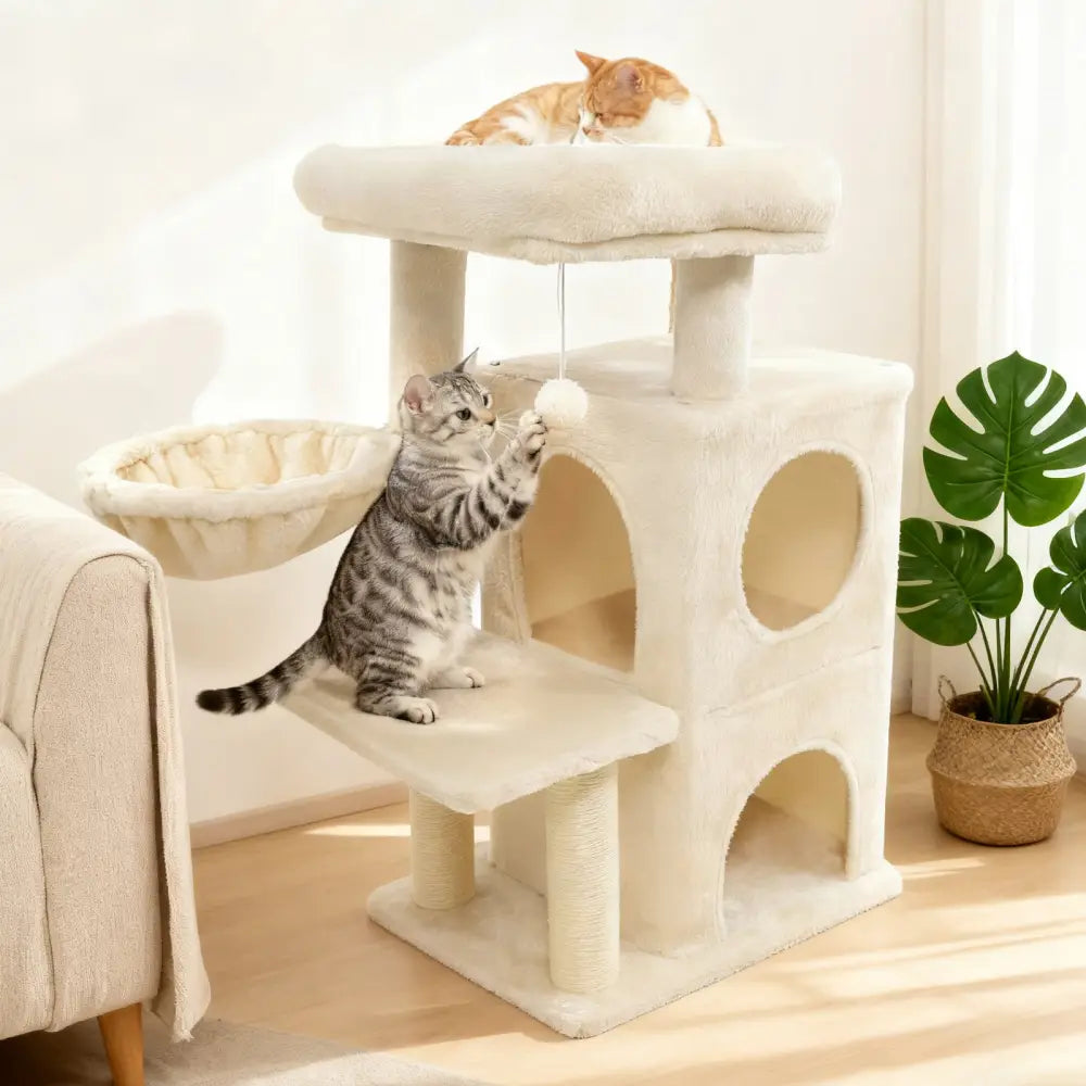 33.5 Inch Cute Kitten Tower with 2-Tier Condo and Padded Top Perch-Beige - Beige - Cat Trees Condos & Scratchers
