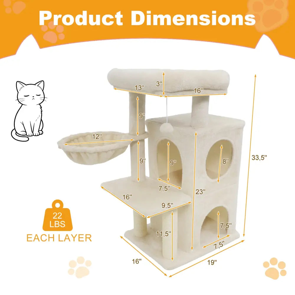 33.5 Inch Cute Kitten Tower with 2-Tier Condo and Padded Top Perch-Beige - Beige - Cat Trees Condos & Scratchers