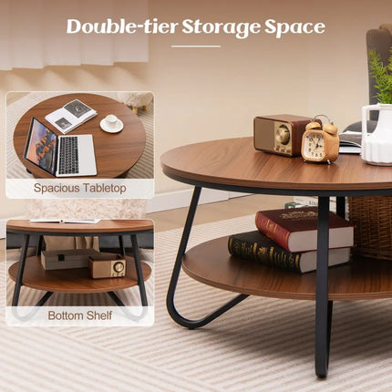 33.5 Inch Round Coffee Table with Wood Grain Finish and Heavy-duty Metal Frame-Walnut Costway