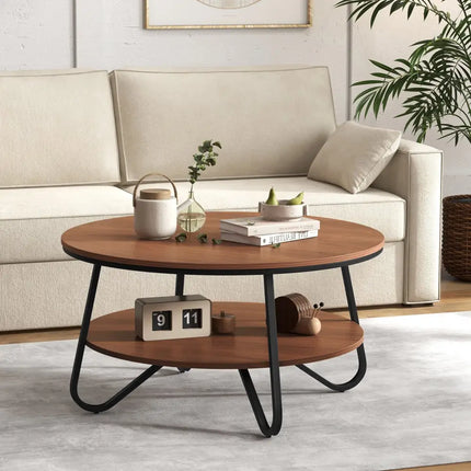 33.5 Inch Round Coffee Table with Wood Grain Finish and Heavy-duty Metal Frame-Walnut Costway