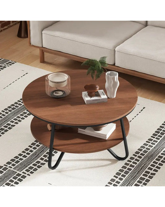 33.5 Inch Round Coffee Table with Wood Grain Finish and Heavy-duty Metal Frame-Walnut - Walnut - Coffee Tables