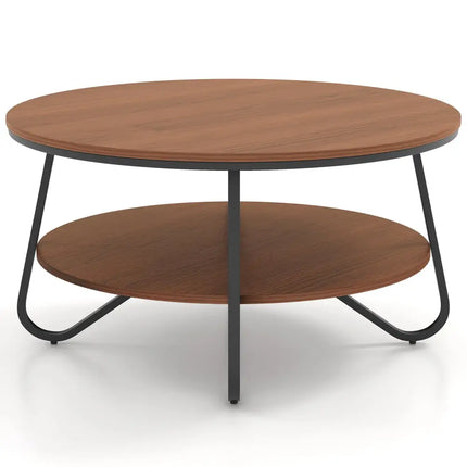 33.5 Inch Round Coffee Table with Wood Grain Finish and Heavy-duty Metal Frame-Walnut Costway