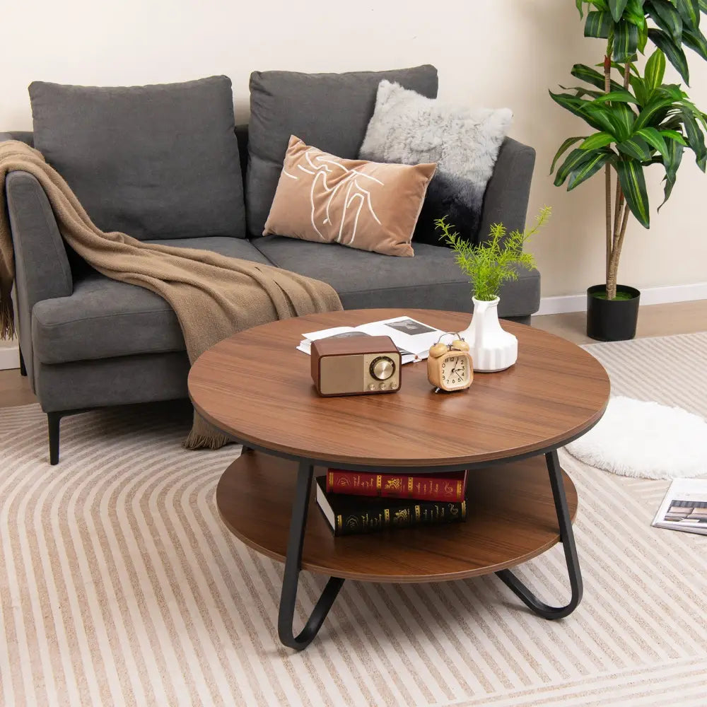33.5 Inch Round Coffee Table with Wood Grain Finish and Heavy-duty Metal Frame-Walnut - Walnut - Coffee Tables