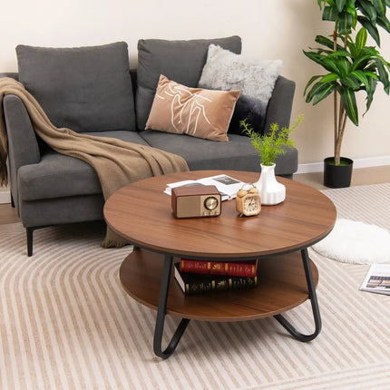 33.5 Inch Round Coffee Table with Wood Grain Finish and Heavy-duty Metal Frame-Walnut Costway