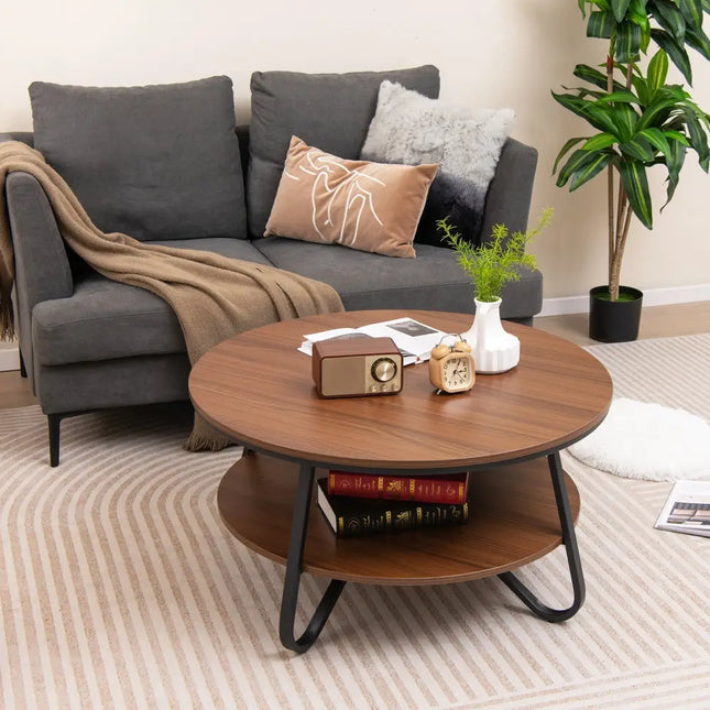 33.5 Inch Round Coffee Table with Wood Grain Finish and Heavy-duty Metal Frame-Walnut Costway