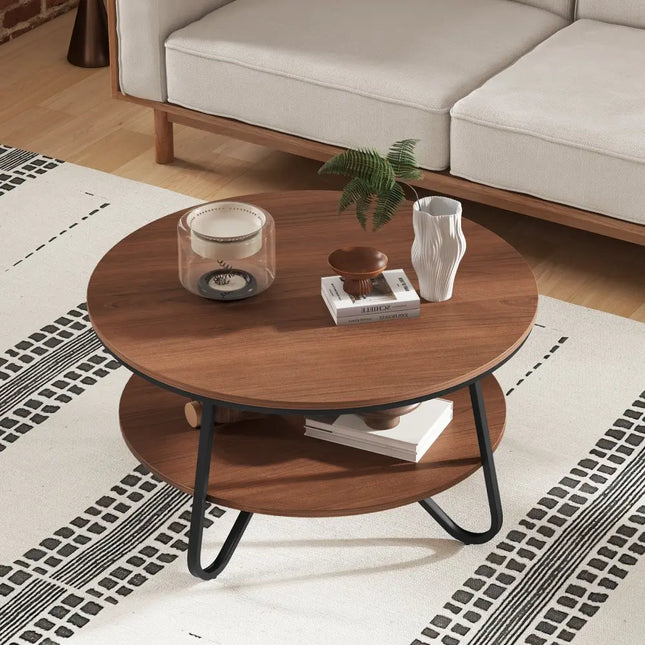 33.5 Inch Round Coffee Table with Wood Grain Finish and Heavy-duty Metal Frame-Walnut Costway