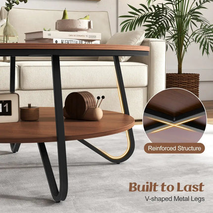 33.5 Inch Round Coffee Table with Wood Grain Finish and Heavy-duty Metal Frame-Walnut Costway