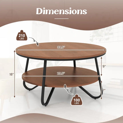 33.5 Inch Round Coffee Table with Wood Grain Finish and Heavy-duty Metal Frame-Walnut Costway