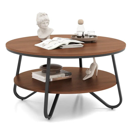 33.5 Inch Round Coffee Table with Wood Grain Finish and Heavy-duty Metal Frame-Walnut Costway