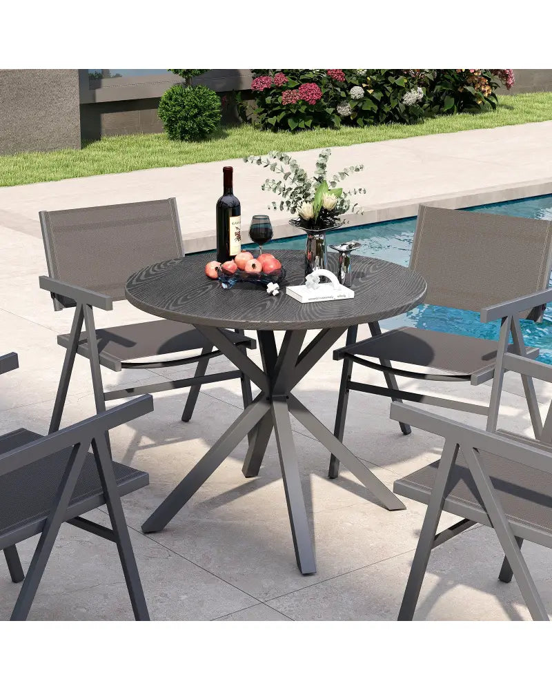 33.5 Inch Round Patio Bistro Table with Wood-Like Top and X-Shaped Legs-Gray - Gray - Patio Dining Tables