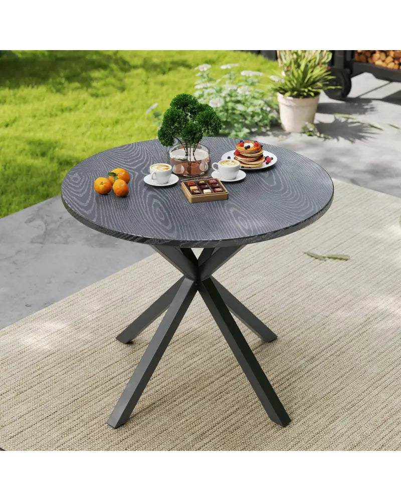 33.5 Inch Round Patio Bistro Table with Wood-Like Top and X-Shaped Legs-Gray - Gray - Patio Dining Tables